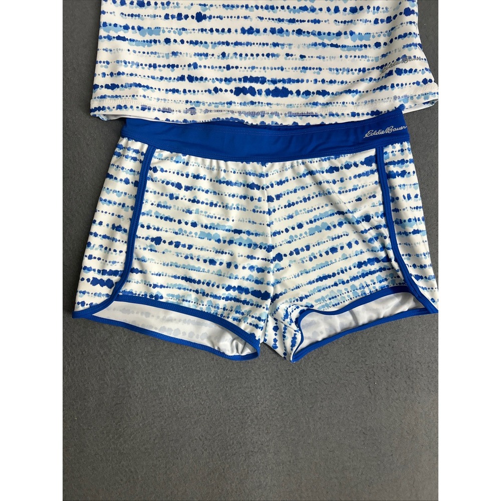 Eddie Bauer Swim Set Kids L 14/16 Blue White Tie Dye Rash Guard Shorts 2pc - Picture 6 of 12
